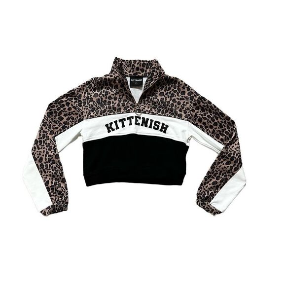 Kittenish Animal Print Color Block Oversized 1/4 Zip Cropped Pullover Small - Picture 5 of 11